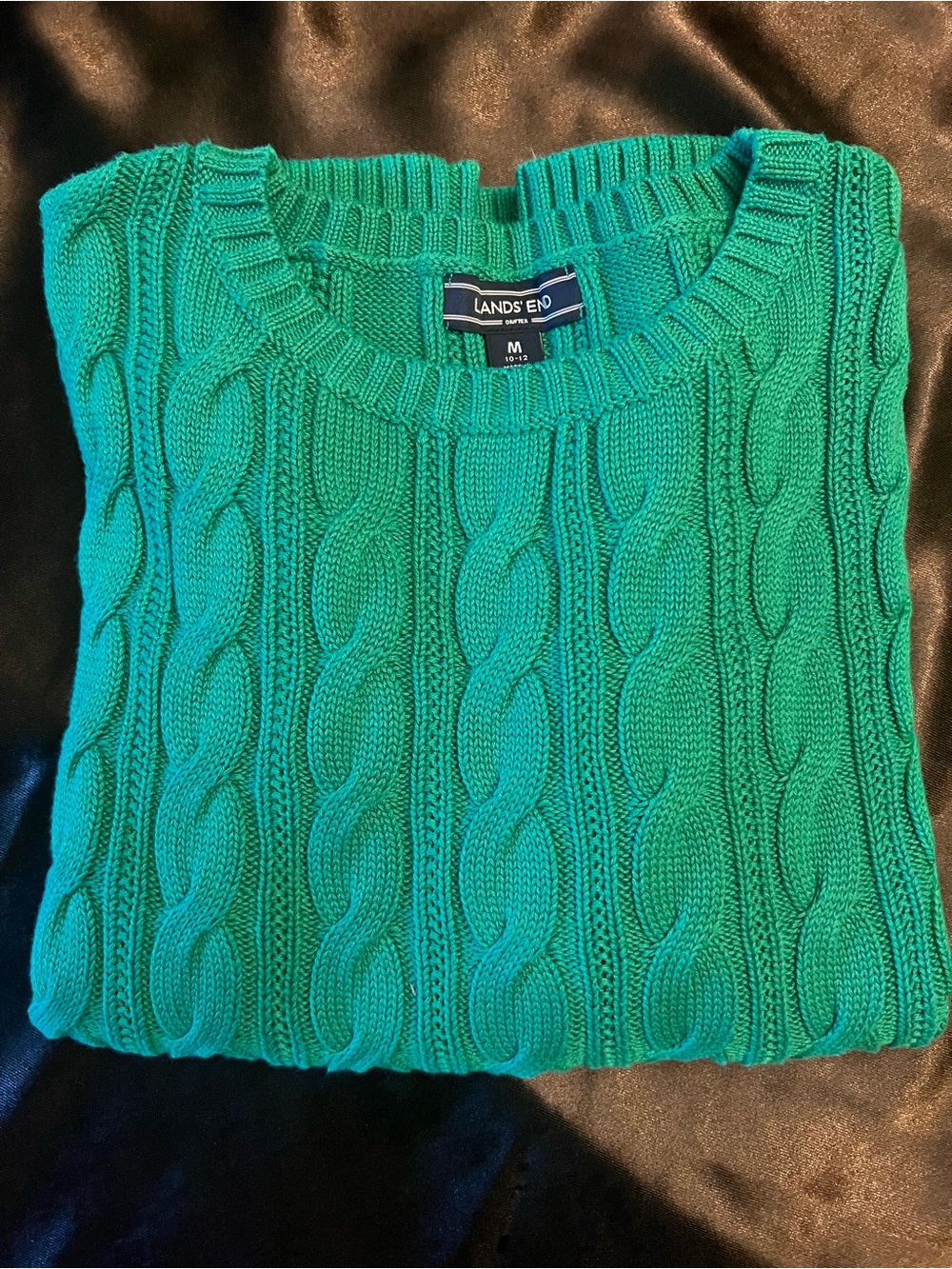 Lands' End Women’s Green Cable Knit Crewneck Sweater